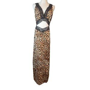 NWT PrettyLittleThing Size 16 Leopard Print Maxi Dress Black Lace Detail